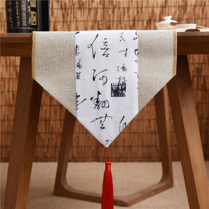 Buddha Stones Classic Chinese Style Lotus Koi Fish Flower Crane Calligraphy Enlightenment Cotton Linen Tassels Table Runner Table Runner BS Beige White Calligraphy 30*180cm