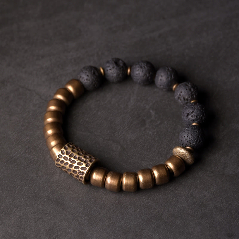 Buddha Stones Lava Rock Stone Rainbow Obsidian Copper Support Healing Bracelet Bracelet BS Lava Rock&Copper 18cm