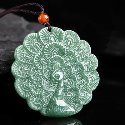 Buddha Stones Natural Jade Peacock Luck Prosperity Necklace Pendant Necklaces & Pendants BS 1