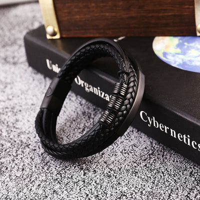 Buddha Stones Leather Multi-Layer Titanium Steel Balance Braided Magnetic Buckle Bracelet Bracelet BS 3