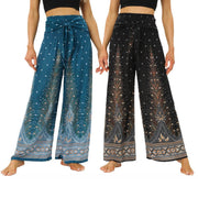 Foviel Boho Peacock Feathers Lace-up Wide Leg Pants Women's Yoga Pants