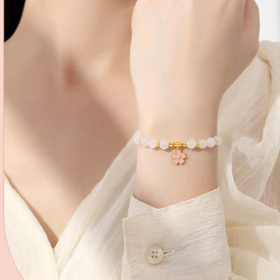 Buddha Stones 925 Sterling Silver Hetian White Jade Cherry Blossom Protection Bracelet
