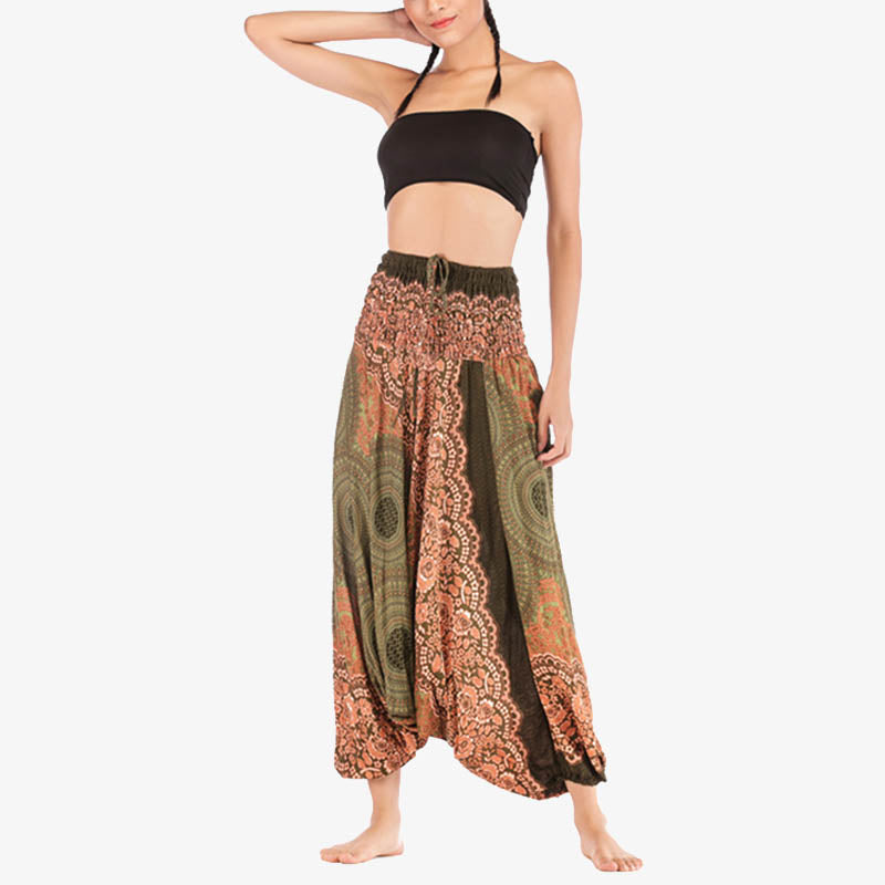 Buddha Stones Two Style Wear Round Geometric Pattern Loose Smocked Harem Trousers Jumpsuit High Waist Women's Yoga Pants Harem Pants&Bodysuit BS 39