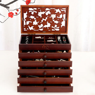 Buddha Stones Vintage Plum Blossom Carved Wooden Jewelry Box Six-Layer Jewelry Storage Box Jewelry Box BS 1