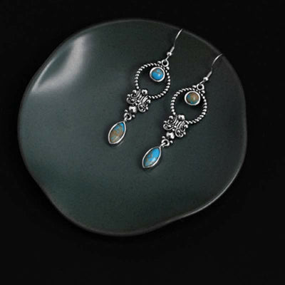 Buddha Stones 925 Sterling Silver Hook Vintage Copper Plated Silver Turquoise Waterdrop Pattern Balance Drop Dangle Earrings - image 6