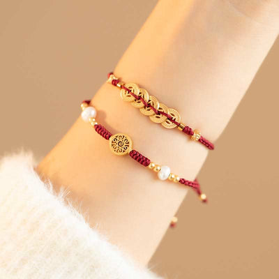 Buddha Stones Copper Coin Fortune Tree Luck Strength Braided Bracelet Bracelet BS 2Pcs(Copper Coin&Fortune Tree) Red(Wrist Circumference 14-18cm)