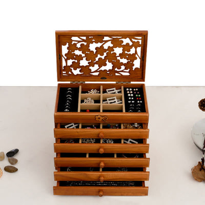 Buddha Stones Vintage Plum Blossom Carved Wooden Jewelry Box Six-Layer Jewelry Storage Box Jewelry Box BS 18