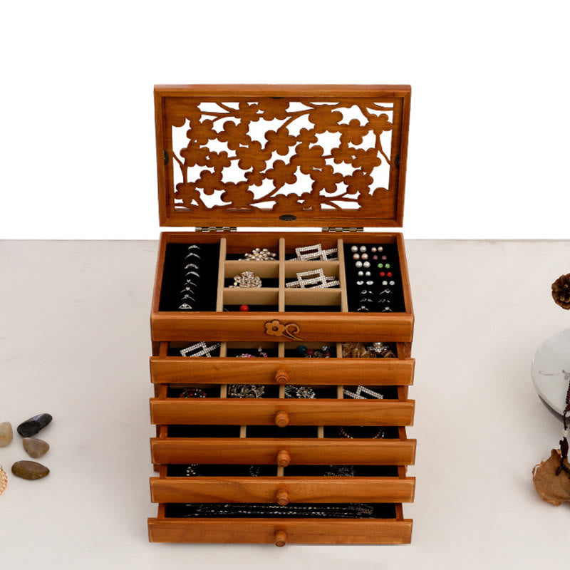 Buddha Stones Vintage Plum Blossom Carved Wooden Jewelry Box Six-Layer Jewelry Storage Box Jewelry Box BS 18