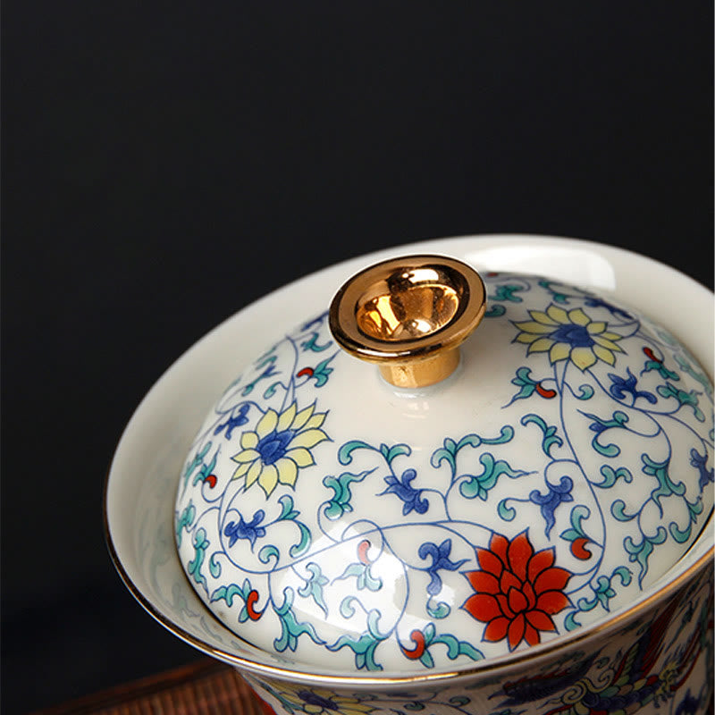 Buddha Stones Retro Plum Blossom Pine Bamboo Phoenix Kirin Ceramic Gaiwan Sancai Teacup Kung Fu Tea Cup and Saucer with Lid Cup BS 9