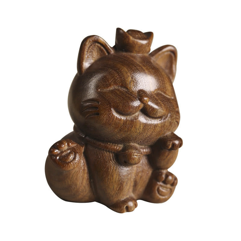 Buddha Stones Mini Green Sandalwood Ingot Lucky Cat Carved Peace Desk Decorations Decorations BS 19