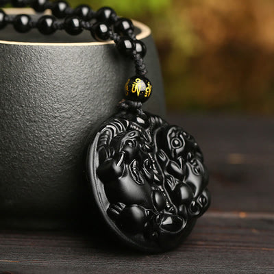 Buddha Stones Black Obsidian Double Pixiu Bead Rope Purification Necklace Pendant Necklaces & Pendants BS 5