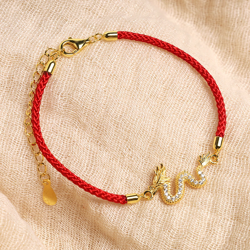 Buddha Stones 925 Sterling Silver Year Of The Dragon Auspicious Golden Dragon Luck Red Rope Chain Bracelet Bracelet BS 3