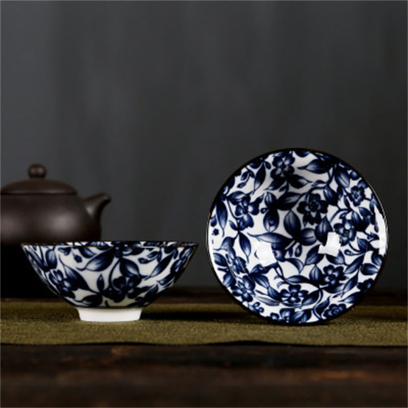 Buddha Stones Flowers Fu Character Mountains Lotus Cherry Blossoms Ceramic Teacup Kung Fu Tea Cup Cup BS Dark Blue Flower 8.5cm*4cm*90ml