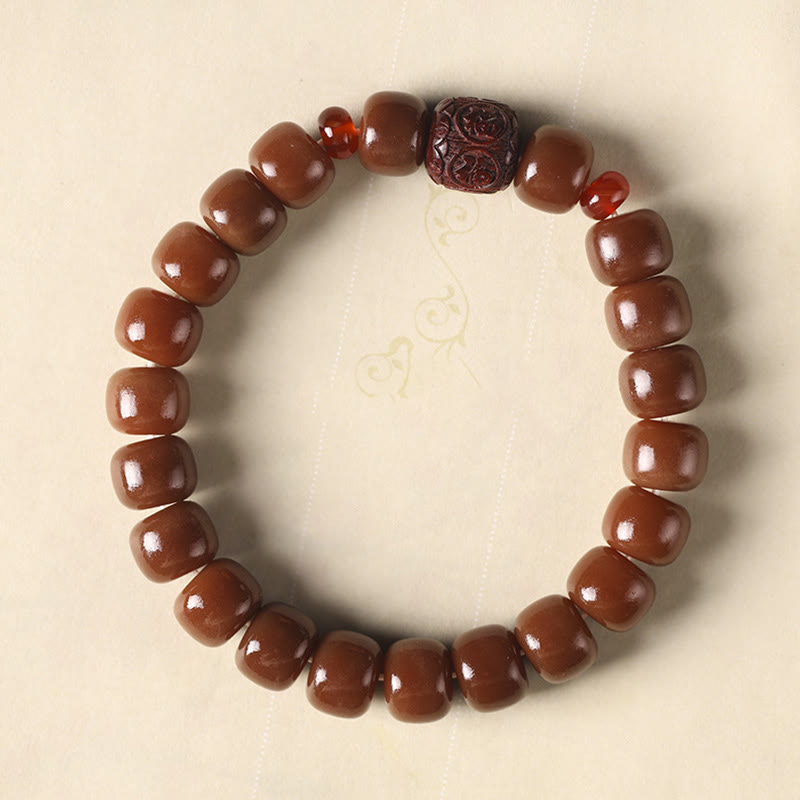 Buddha Stones Bodhi Seed Auspicious Cloud Fu Character Bead Peace Bracelet Bracelet BS Brown Bodhi Seed(Wrist Circumference 14-15cm) Small Leaf Red Sandalwood Fu Character