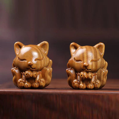 Buddha Stones Mini Nine-Tailed Fox Ivory Fruit Sandalwood Green Sandalwood Blessing Decoration Decorations BS 30