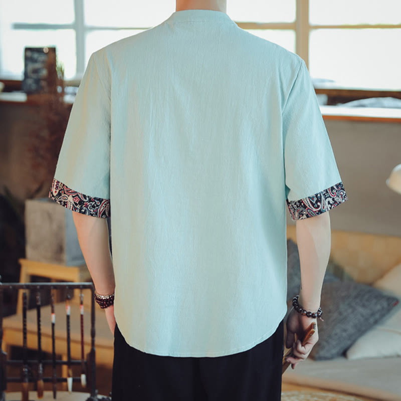 Buddha Stones Frog-Button Dragon Embroidery Chinese Tang Suit Short Sleeve Shirt Linen Men Clothing Men's Shirts BS 13