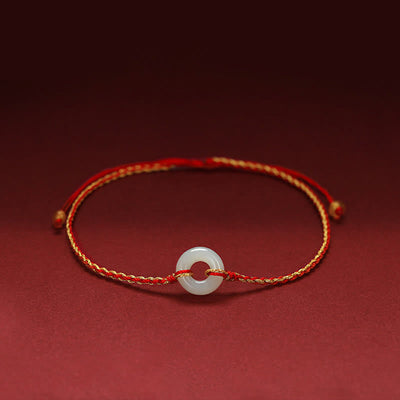 Buddha Stones Round Peace Buckle Jade Luck Abundance Braided Bracelet Anklet Bracelet BS Anklet(Anklet Circumference 21-27cm)