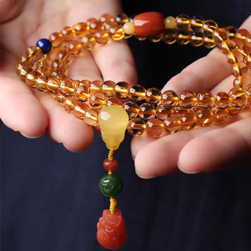 108 Mala Beads Natural Citrine Amber Peace Buckle Red Agate PiXiu Protection Charm Bracelet Mala Bracelet BS 19