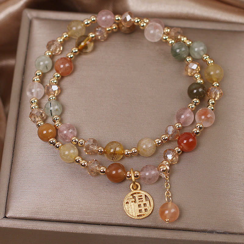 Buddha Stones Multicolored Rutilated Quartz Fu Character Auspiciousness Bracelet Bracelet BS 1