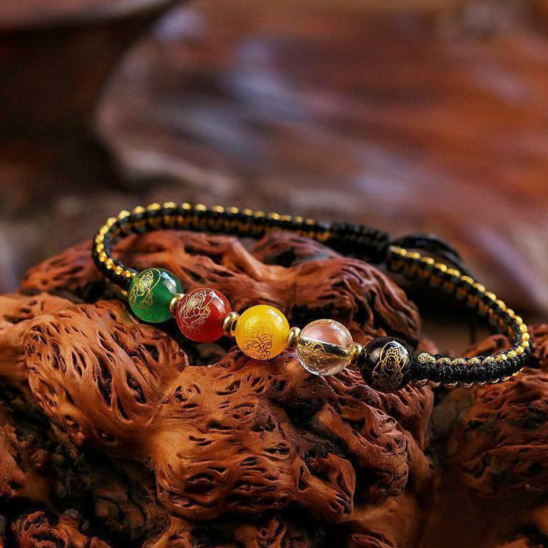 Buddha Stones Five Directions Gods of Wealth Agate Handmade Protection String Braid Bracelet Bracelet BS Black Gold Rope(Wrist Circumference 14-16cm)