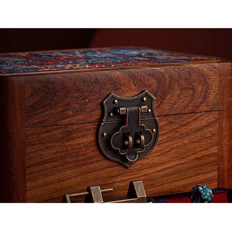 Buddha Stones Retro Handmade Floral Pattern Rosewood Jewelry Storage Box Lockable Wooden Gift Organizer Box Jewelry Storage Box BS 20