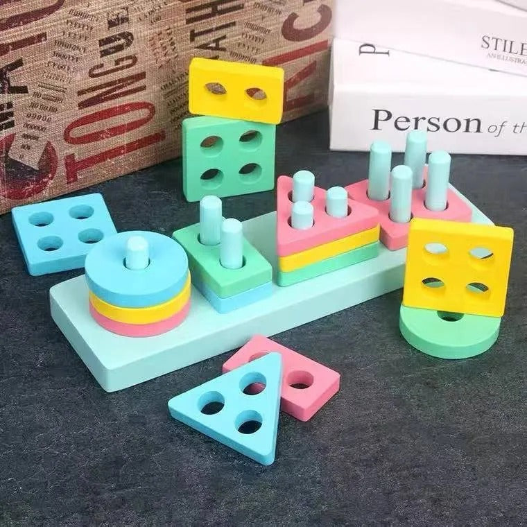 Fidtoy Wooden Four Columns Shape Sorting Kit 17-Piece Color Sorting Stacking Blocks Toy for Kids Ages 2 to 6