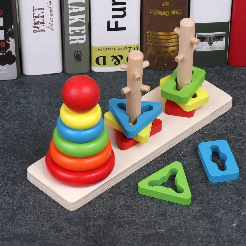 Fidtoy Rainbow Three Column Shapes Tower Wooden Stacking Toy for Kids Shape Sorting Fine Motor Learning Ages 2-6