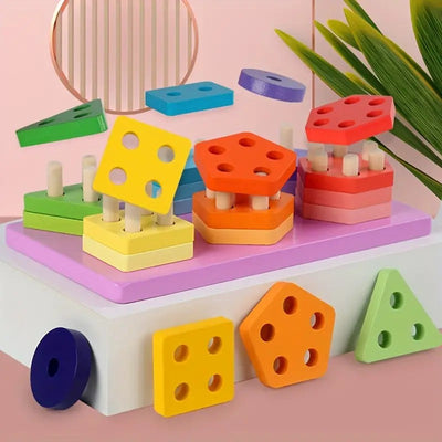 Fidtoy Wooden Building Blocks and Six Column Sets for Kids | Montessori Construction Blocks, Shape & Color Recognition, Pattern Matching, Spatial Awareness & Fine Motor Toy Age 2-6