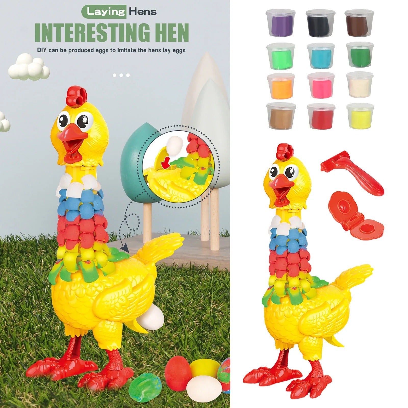 DIY Plumas Coloridas Gallina Masa para Jugar Ponedora de Huevos - 286