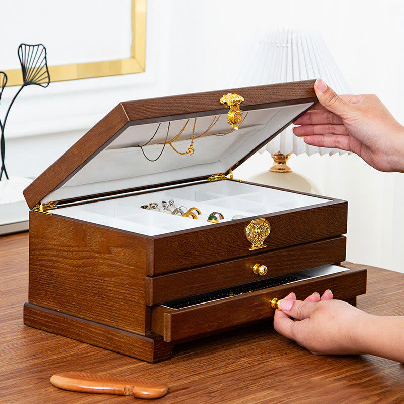 Buddha Stones Retro Wooden Jewelry Box Three-Layer Jewelry Storage Box Jewelry Box BS 4