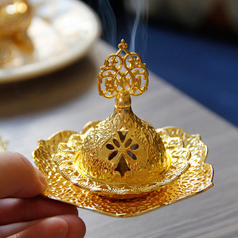 Buddha Stones Gold Leaf Coaster Spiritual Mini Alloy Metal Incense Burner Incense Burner BS 1