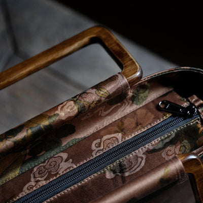 Buddha Stones Vintage Brown Flowers Green Bamboo Leaves Wood Handles Zipper Handbag Handbags BS 3