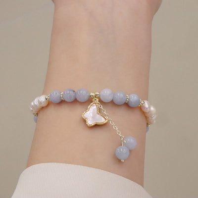 Buddha Stones Natural Aquamarine Pearl Healing Ginkgo Leaf Butterfly Charm Bracelet Bracelet BS 10