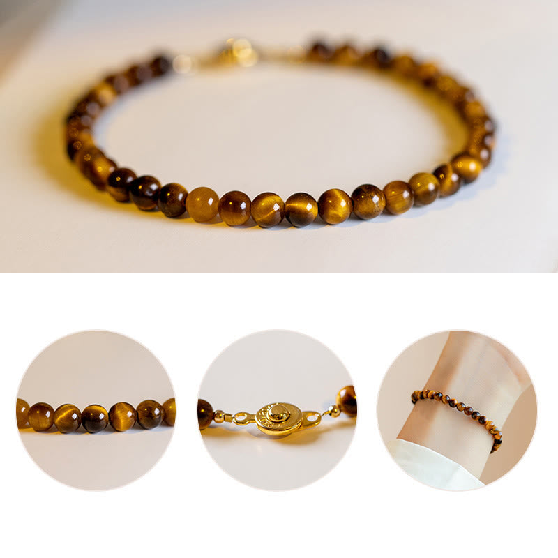 Foviel 14K Gold Plated Natural Tiger Eye Stone Courage Protection Bracelet