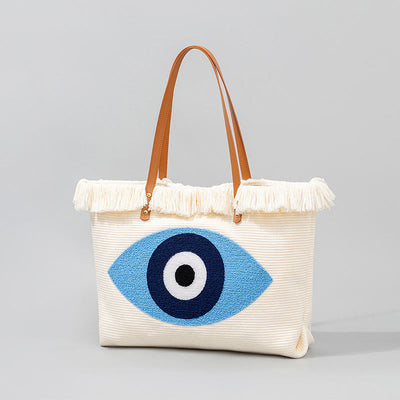 Buddha Stones Large Capacity Evil Eye Leaf Hamsa Tassel Canvas Tote Shoulder Bag Shoulder Bag BS 5