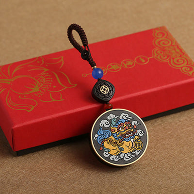 Buddha Stones PiXiu Copper Coin Ebony Wood Luck Attract Wealth Key Chain Decoration Key Chain BS 10