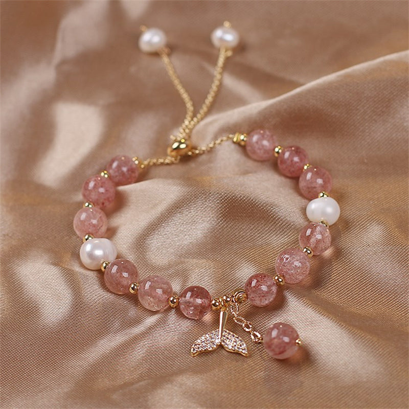 Buddha Stones Strawberry Quartz Rutilated Quartz Fishtail Charm Healing Bracelet Bracelet BS 2