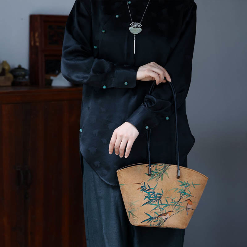 Buddha Stones Vintage Bamboo Magpie Peony Butterfly Large Capacity Shoulder Bag Handbag Shoulder Bag BS 7