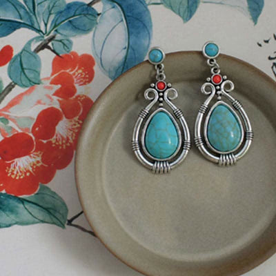 Buddha Stones Tibet Vintage Turquoise Waterdrop Strength Drop Dangle Earrings Clips Earrings BS 8