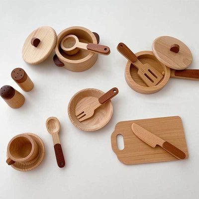 Accesorios de cocina de madera Fidtoy – Juego de cocina de juguete de 15 piezas para niños pequeños
