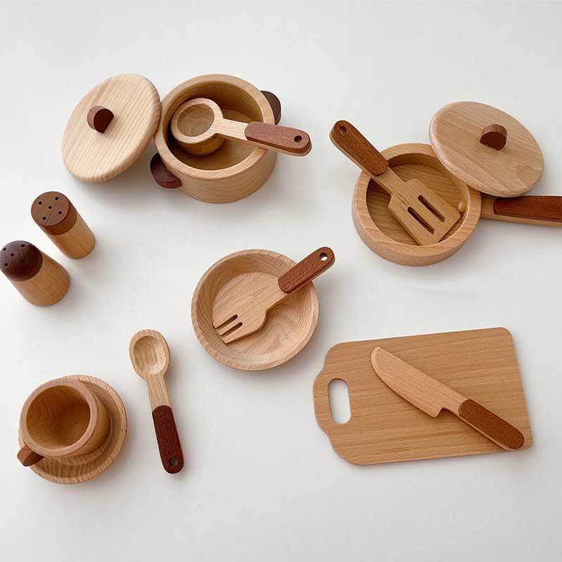 Accesorios de cocina de madera Fidtoy – Juego de cocina de juguete de 15 piezas para niños pequeños