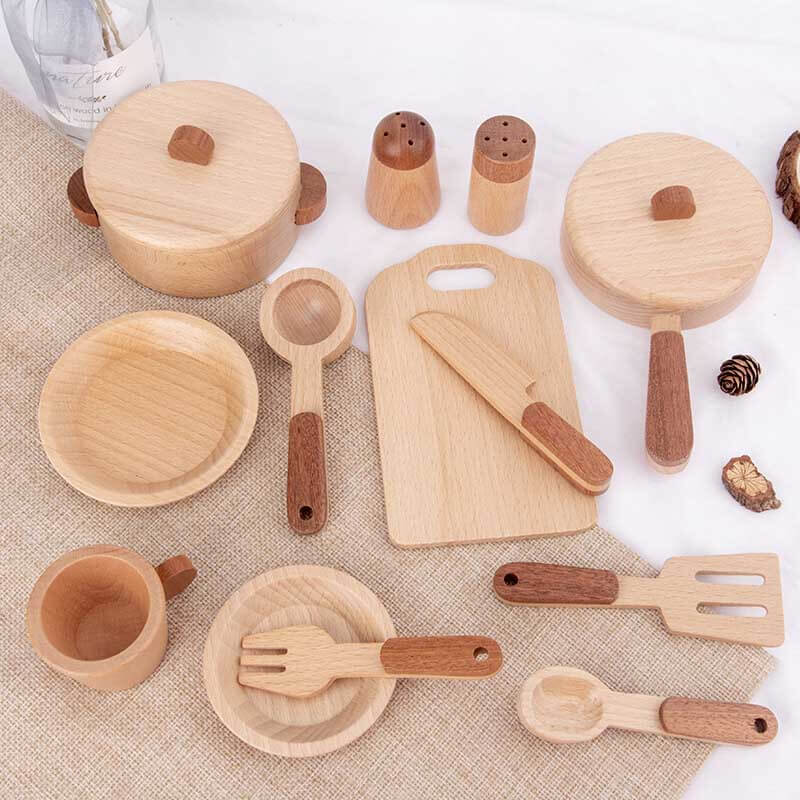 Accesorios de cocina de madera Fidtoy – Juego de cocina de juguete de 15 piezas para niños pequeños