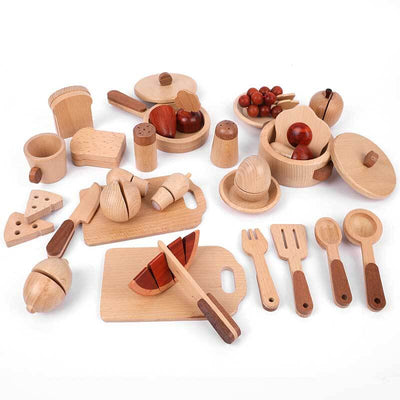 Accesorios de cocina de madera Fidtoy – Juego de cocina de juguete de 15 piezas para niños pequeños