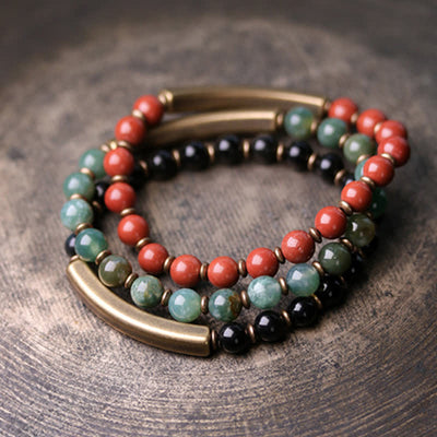 Buddha Stones Red Jasper Moss Agate Black Obsidian Crystal Copper Peace Couple Bracelet Bracelet BS 14