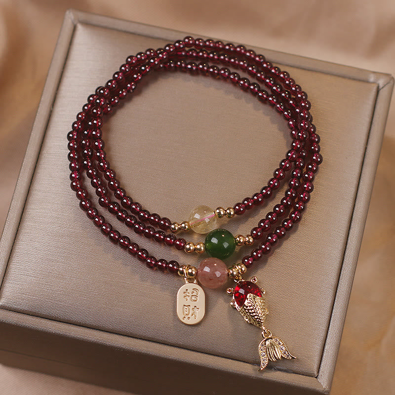 Buddha Stones Natural Garnet Strawberry Quartz Crystal Fox Koi Fish Peace Buckle Fortune Protection Triple Wrap Bracelet Bracelet BS 7
