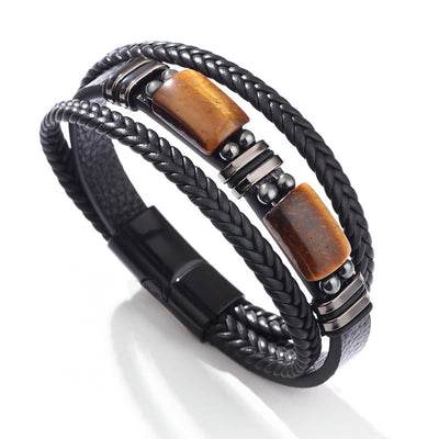 Buddha Stones Tiger Eye Power Magnetic Buckle Multilayered Leather Bracelet Bracelet BS Two Tiger Eye Stone 23cm
