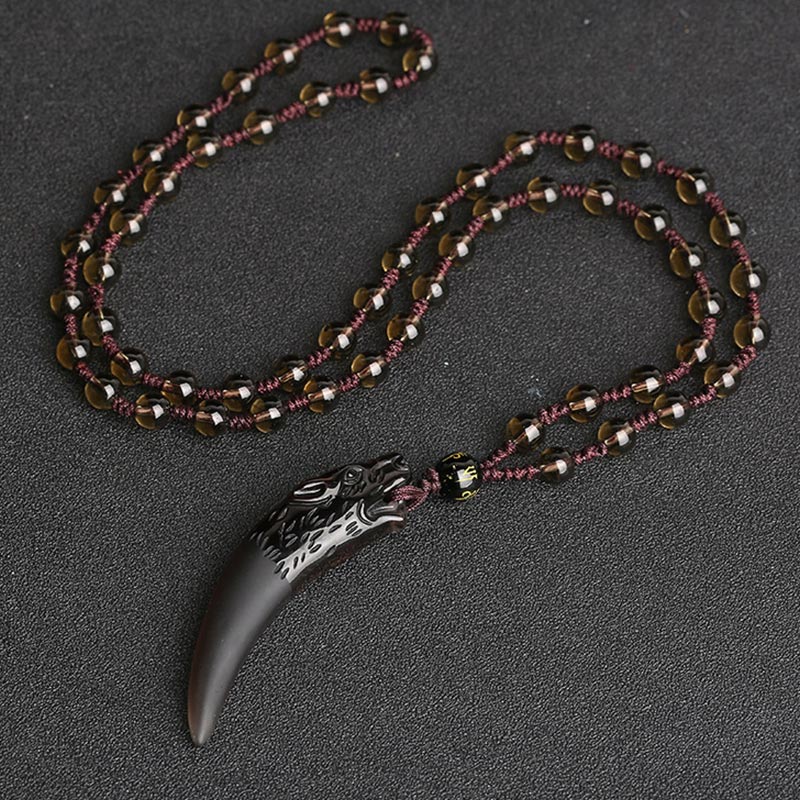 Buddha Stones Natural Ice Obsidian Wolf Tooth Pattern Courage Necklace Pendant - 63*14mm Ice Obsidian&Brown Bead Chain - image 7