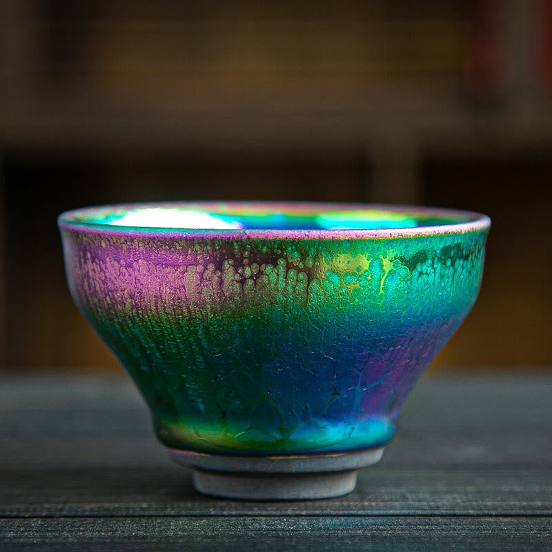Buddha Stones Handmade Fairy Rainbow Chinese Jianzhan Ceramic Teacup Tenmoku Kung Fu Tea Cup Jian Zhan Tea Cup BS 1