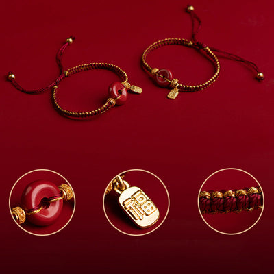 Buddha Stones Natural Cinnabar Peace Buckle Fu Character Charm Blessing Braided Bracelet Bracelet BS 3