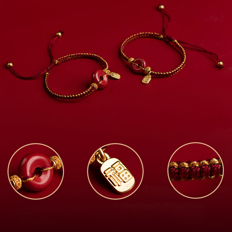 Buddha Stones Natural Cinnabar Peace Buckle Fu Character Charm Blessing Braided Bracelet Bracelet BS 3
